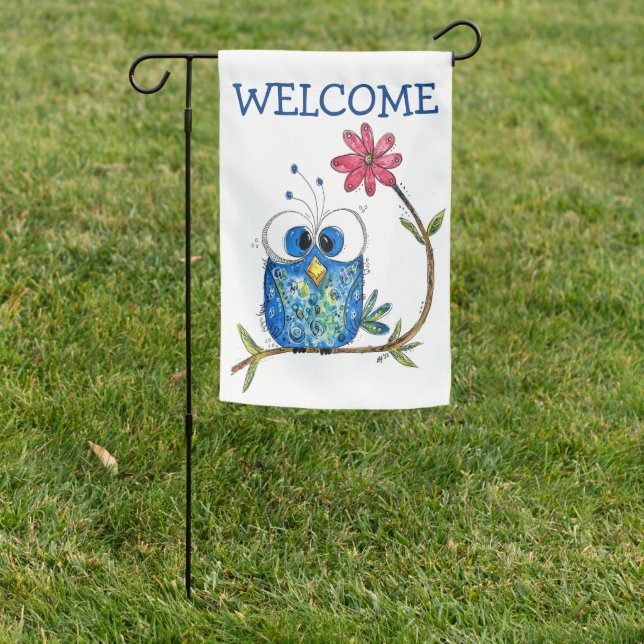 Cute Whimsical Blue Owl Garden Flag (In SItu)