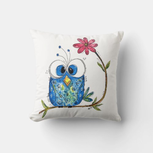 Cute Whimsical Blue Owl Throw Pillow