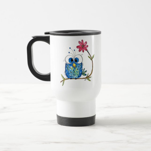 Cute Whimsical Blue Owl Travel Mug (Left)