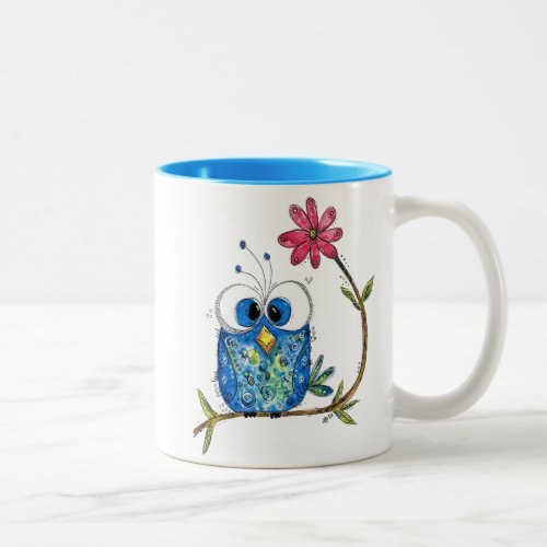 Cute Whimsical Blue Owl Two_Tone Coffee Mug