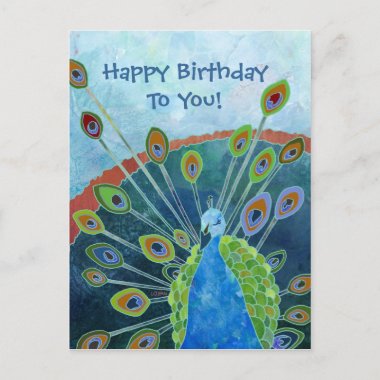 Cute Whimsical Blue Peacock Birthday Postcard
