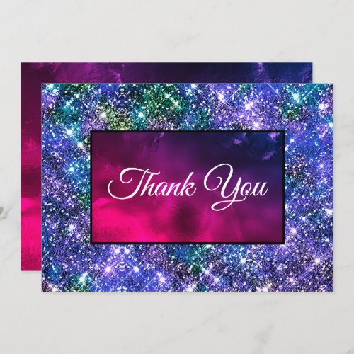 Cute whimsical blue purple iridescent monogram thank you card