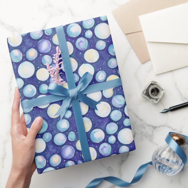 Cute Whimsical Blue White Bubble Snow Watercolor Wrapping Paper (Gifting)
