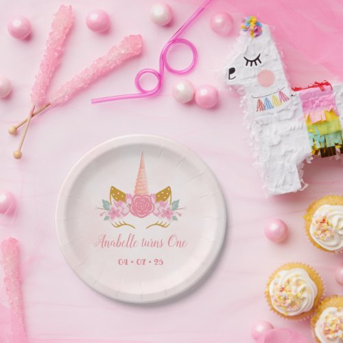 Cute Whimsical Blush Pink Unicorn Birthday Paper Plates