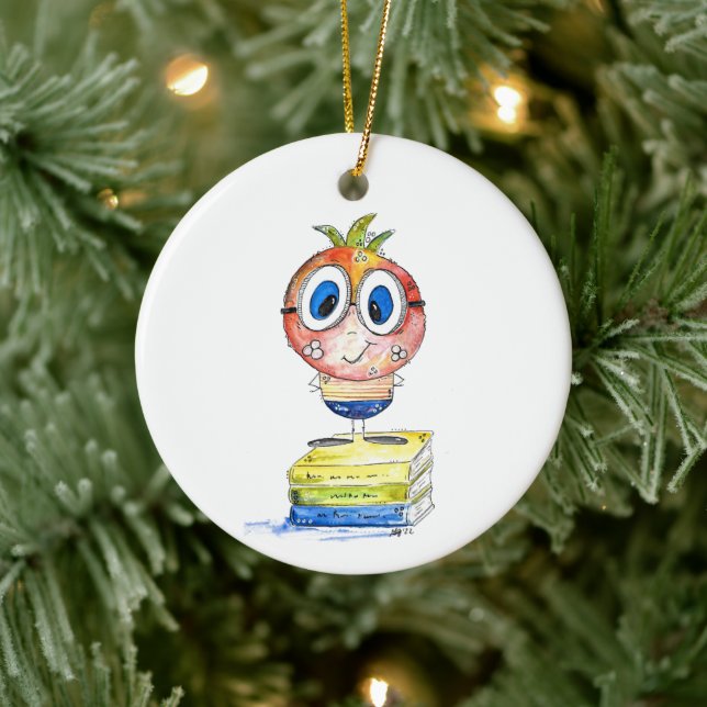 Cute whimsical Book Nerd Ceramic Ornament (Tree)