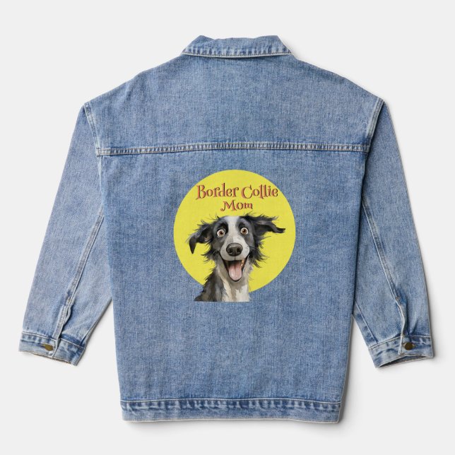 Cute Whimsical Border Collie Mom Illustration Denim Jacket (Back)