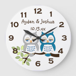 Cute Whimsical Boy Owl Twins Wall Clock