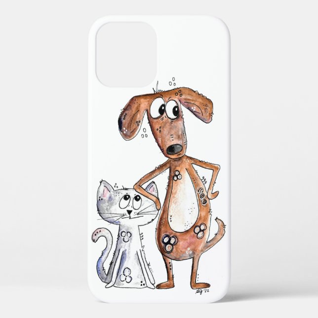 Cute Whimsical Brown Dog and Gray Cat Case-Mate iPhone Case (Back)