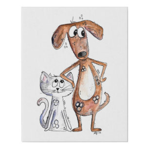 Cute Whimsical Brown Dog and Gray Cat Faux Canvas Print