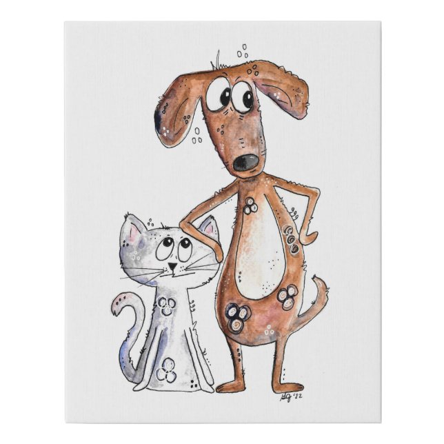 Cute Whimsical Brown Dog and Gray Cat Faux Canvas Print (Front)