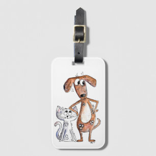 Cute Whimsical Brown Dog and Gray Cat Luggage Tag