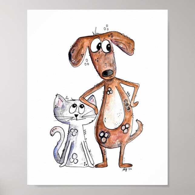 Cute Whimsical Brown Dog and Gray Cat Poster (Front)