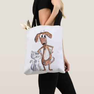 Cute Whimsical Brown Dog and Gray Cat Tote Bag