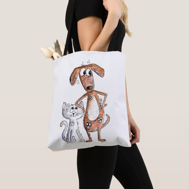 Cute Whimsical Brown Dog and Gray Cat Tote Bag (Close Up)