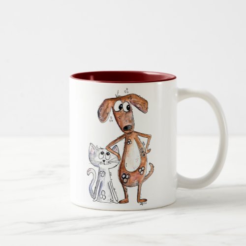 Cute Whimsical Brown Dog and Gray Cat Two_Tone Coffee Mug