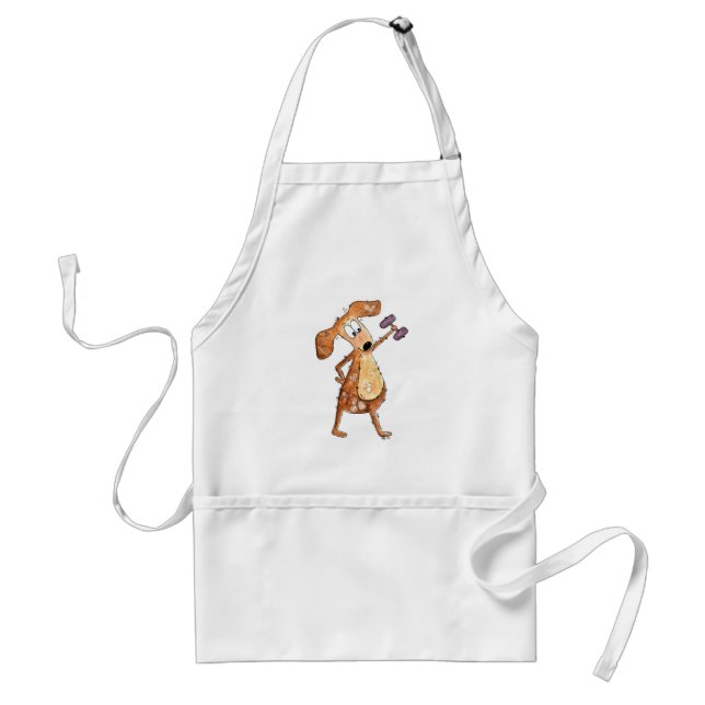 Cute Whimsical Brown Dog Lifting Weights Adult Apron (Front)