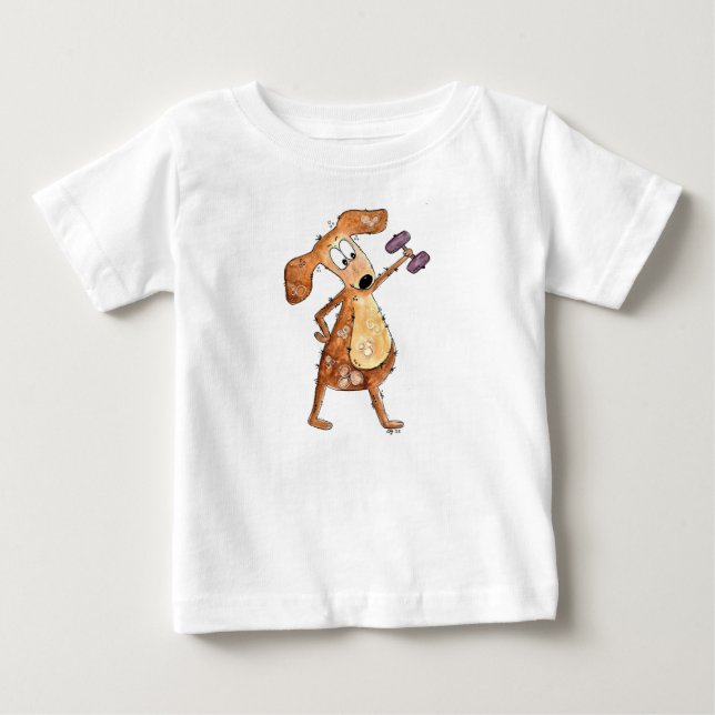 Cute Whimsical Brown Dog Lifting Weights Baby T-Shirt (Front)