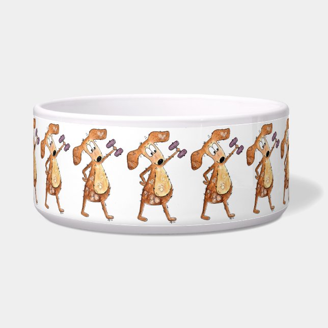 Cute Whimsical Brown Dog Lifting Weights Bowl (Front)