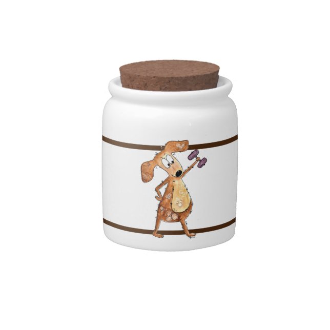 Cute Whimsical Brown Dog Lifting Weights Candy Jar (Front)