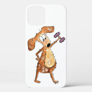 Cute Whimsical Brown Dog Lifting Weights iPhone 12 Case