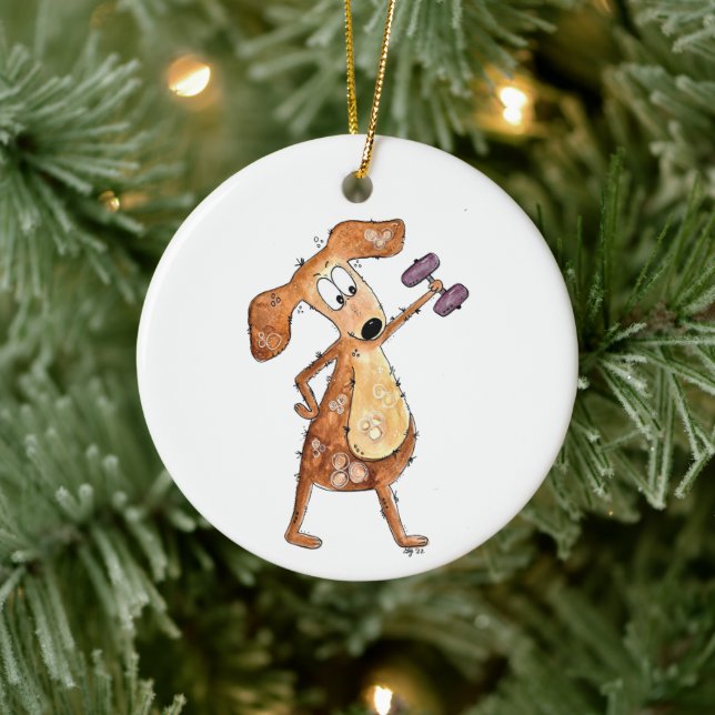 Cute Whimsical Brown Dog Lifting Weights Ceramic Ornament (Tree)