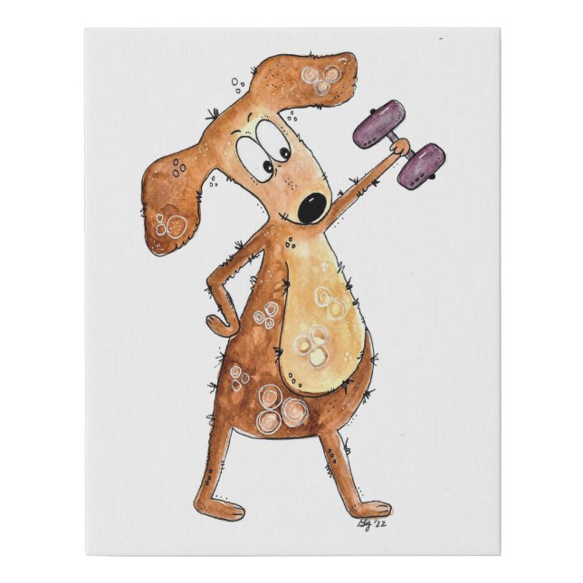 Cute Whimsical Brown Dog Lifting Weights Faux Canvas Print (Front)