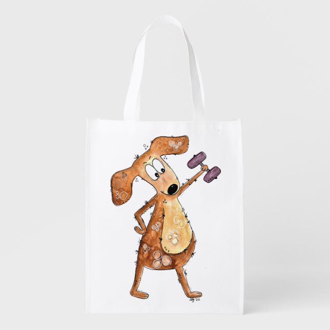 Cute Whimsical Brown Dog Lifting Weights Grocery Bag (Front)