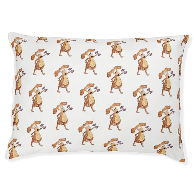 Cute Whimsical Brown Dog Lifting Weights Pet Bed (Front)