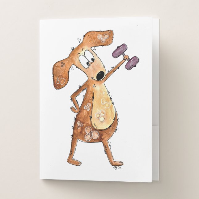 Cute Whimsical Brown Dog Lifting Weights Pocket Folder (Front)