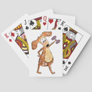 Cute Whimsical Brown Dog Lifting Weights Poker Cards