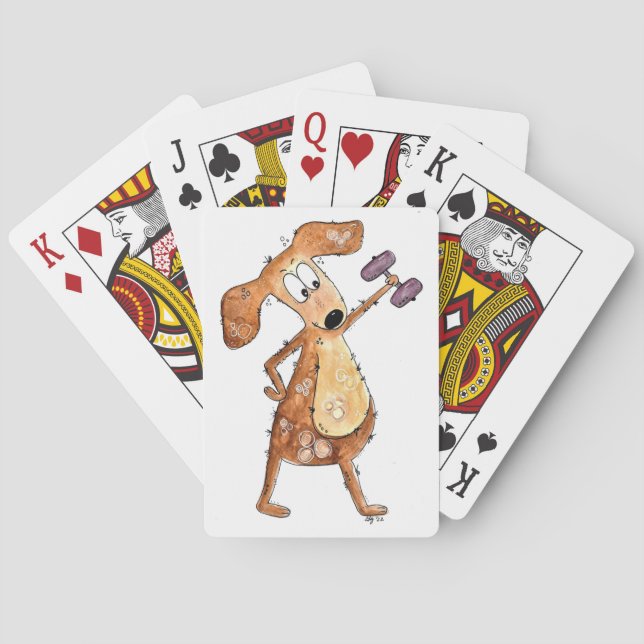 Cute Whimsical Brown Dog Lifting Weights Poker Cards (Back)