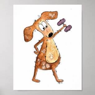 Cute Whimsical Brown Dog Lifting Weights Poster