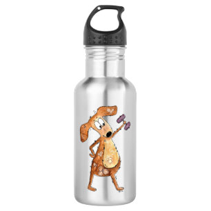 Cute Whimsical Brown Dog Lifting Weights Stainless Steel Water Bottle