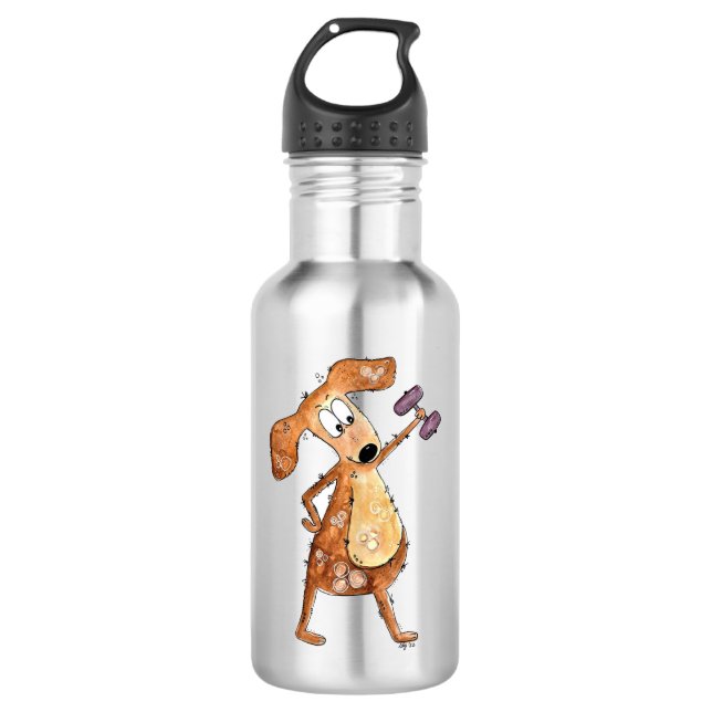 Cute Whimsical Brown Dog Lifting Weights Stainless Steel Water Bottle (Front)