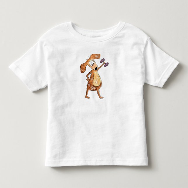Cute Whimsical Brown Dog Lifting Weights Toddler T-shirt (Front)