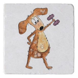 Cute Whimsical Brown Dog Lifting Weights Trivet