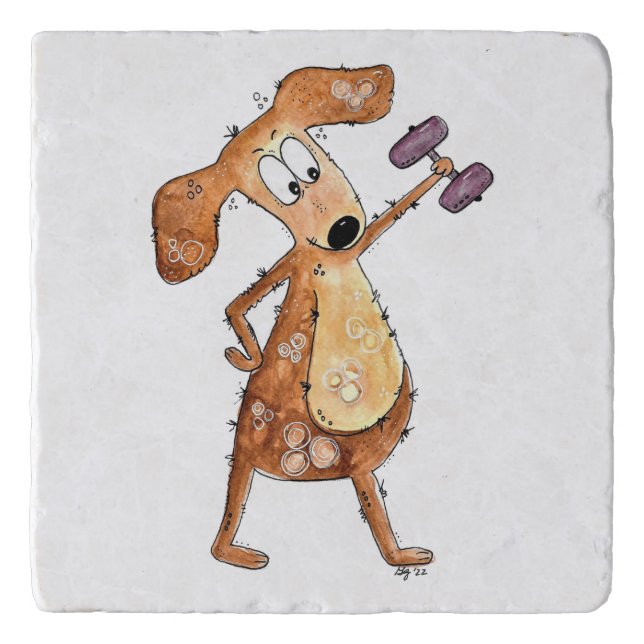 Cute Whimsical Brown Dog Lifting Weights Trivet (Front)