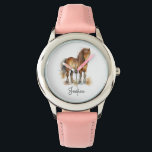 Cute Whimsical Brown Pony Horse Script Name Watch<br><div class="desc">Cute kids watch with a watercolor drawing of a cute brown horse and custom name in whimsical script.</div>