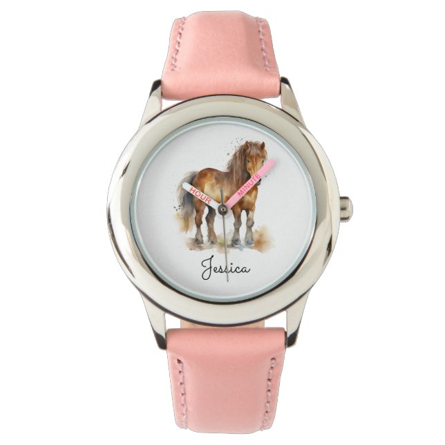Cute Whimsical Brown Pony Horse Script Name Watch (Front)