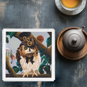 Cute Whimsical Brown Steampunk Owl Top Hat Acrylic Tray