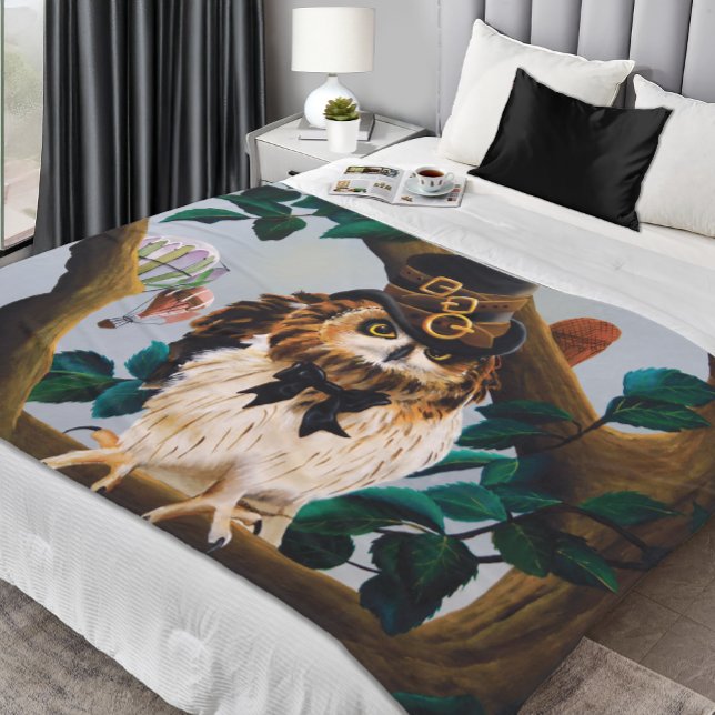 Cute Whimsical Brown Steampunk Owl Top Hat Fleece Blanket (Creator Uploaded)