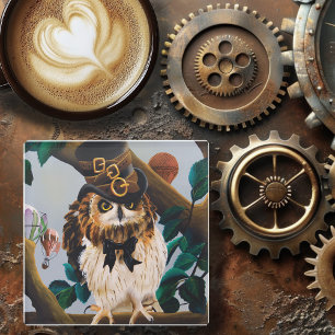 Cute Whimsical Brown Steampunk Owl Top Hat Glass Coaster