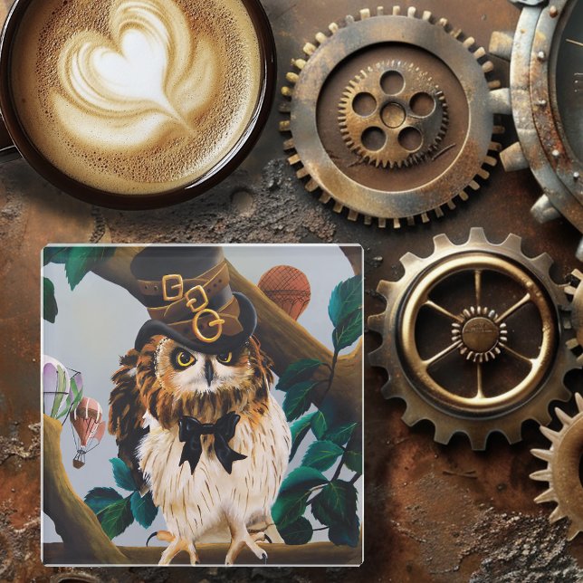 Cute Whimsical Brown Steampunk Owl Top Hat Glass Coaster (Creator Uploaded)