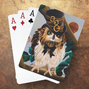 Cute Whimsical Brown Steampunk Owl Top Hat Poker Cards