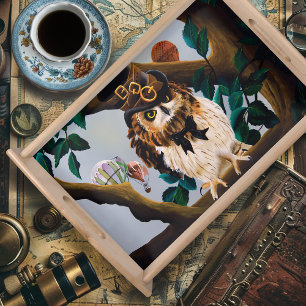 Cute Whimsical Brown Steampunk Owl Top Hat Serving Tray