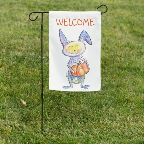 Cute Whimsical Bunny Holding a Pumpkin Garden Flag