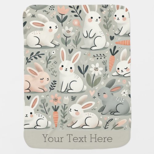 Cute Whimsical Bunny Meadow Pattern Your Text Baby Blanket