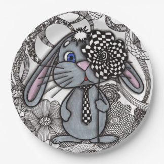 Cute Whimsical Bunny with Checkerboard Flower Pape Paper Plates