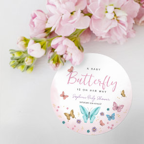 Cute Whimsical Butterfly Girls Pink Baby Shower Classic Round Sticker