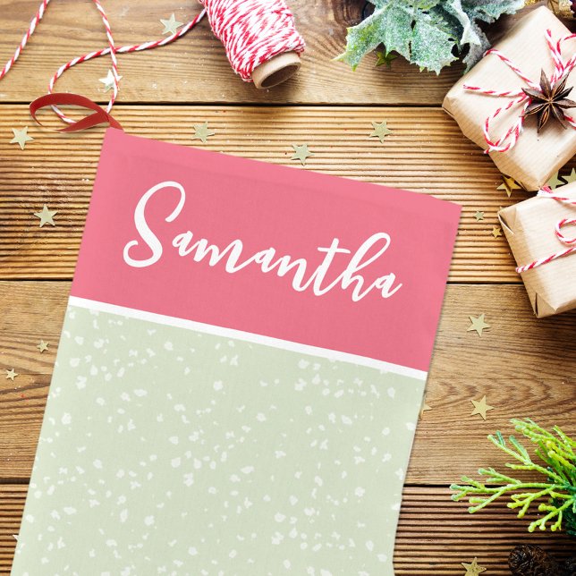 Cute Whimsical Calligraphy Script Pink Green Small Christmas Stocking (Cute Christmas stocking with the pink and green chic color theme. )